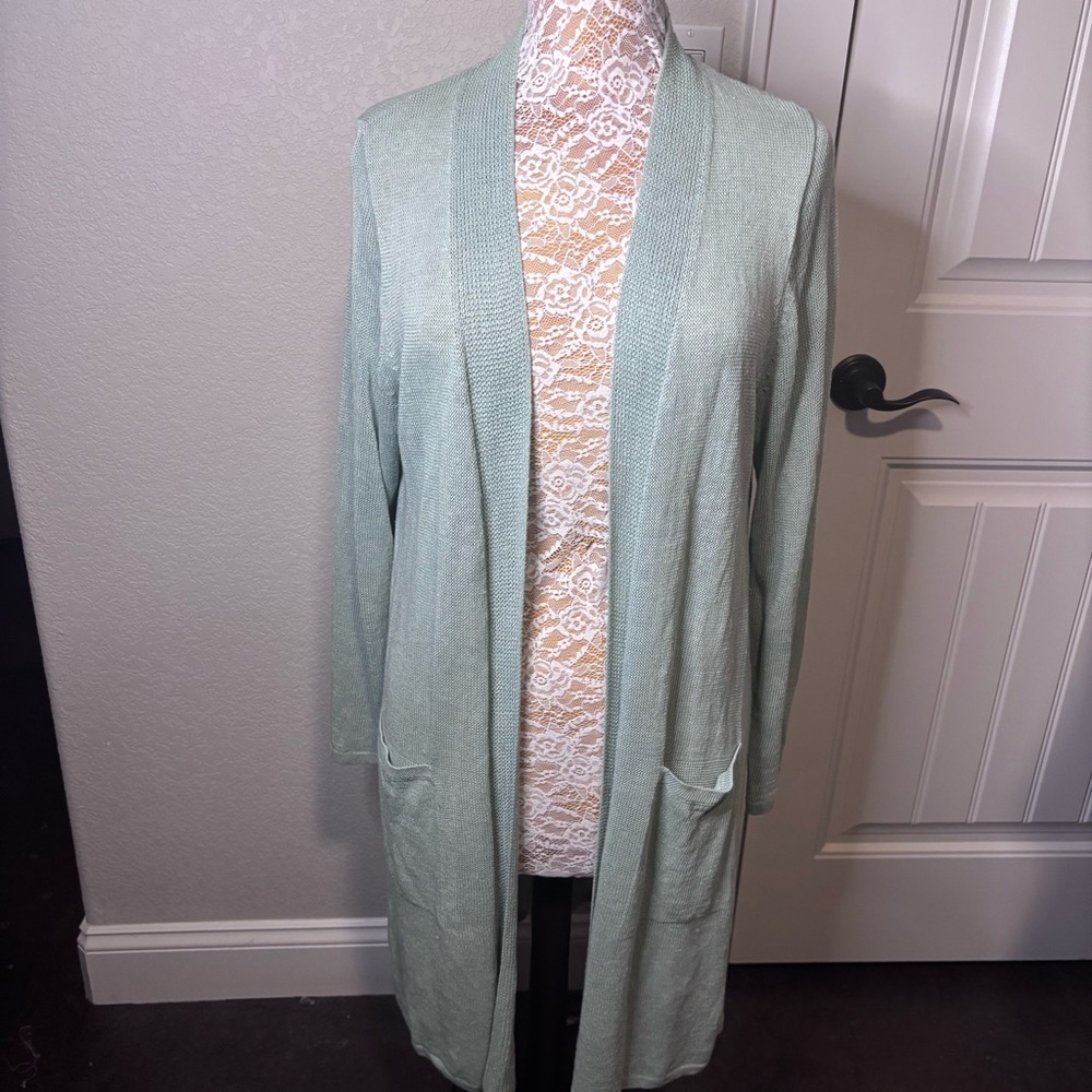 J. Jill Light Sea Foam Green Open Front Linen/Rayon Blend Cardigan